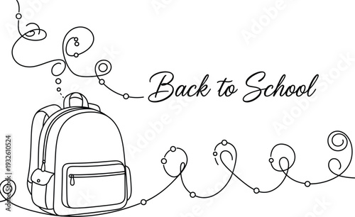 a simple black and white illustration depicts a school backpack with swirling lines and the text back to school above it