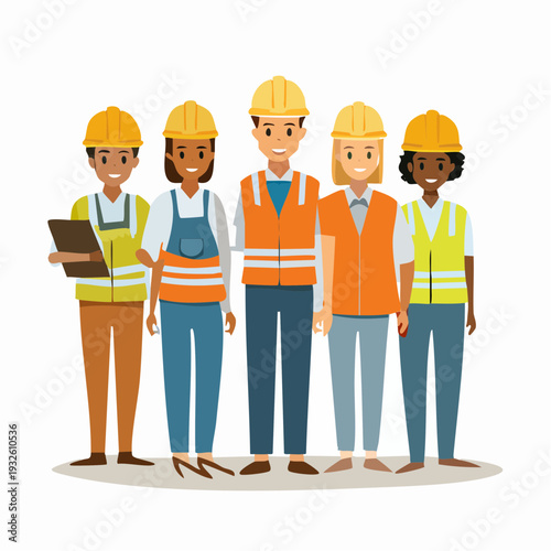 Diverse group of construction workers wearing hard hats and safety vests.
