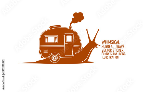 Snail with Vintage Caravan Shell Silhouette, Whimsical Surreal Travel Vector Sticker, Funny Slow Living Illustration