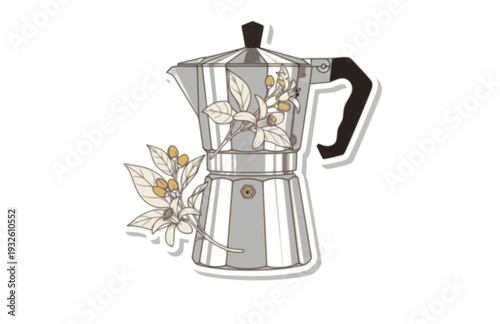 Italian Moka Pot with Lemon Blossom Silhouette, European Cafe Culture Vector Sticker, Traditional Coffee Heritage Illustration