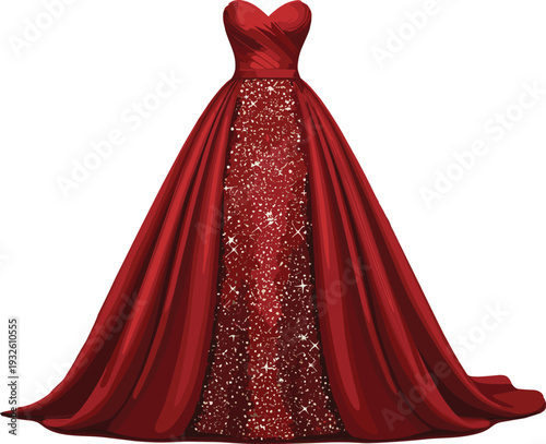 Luxurious strapless red evening gown with sweetheart neckline, satin bodice, glitter embellishments, voluminous layered skirt, and elegant draping.