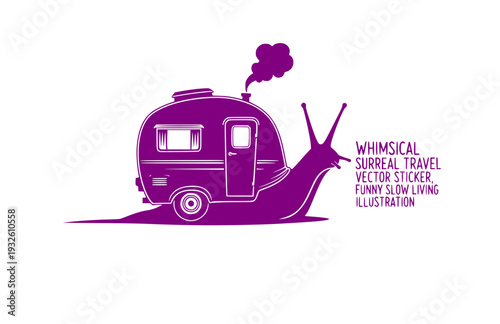 Snail with Vintage Caravan Shell Silhouette, Whimsical Surreal Travel Vector Sticker, Funny Slow Living Illustration