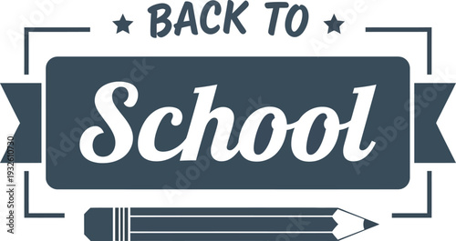 A navy blue back to school ribbon banner with a pencil illustration and decorative stars signaling the start of a new academic year