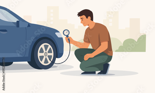 Flat vector illustration of man checking car tire pressure with gauge, vehicle maintenance and road safety concept.