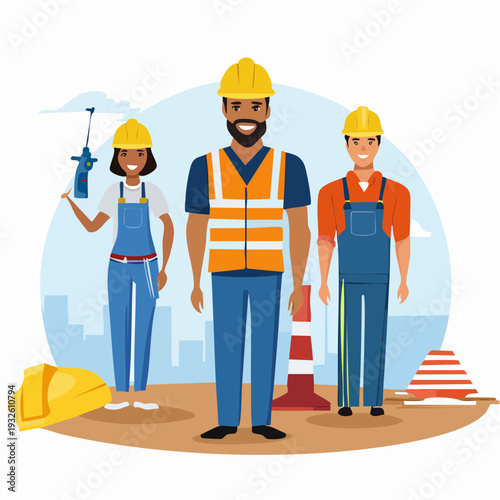 Construction workers standing together on a building site.