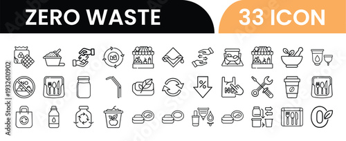 Zero waste lifestyle icons for sustainable living and eco friendly practices