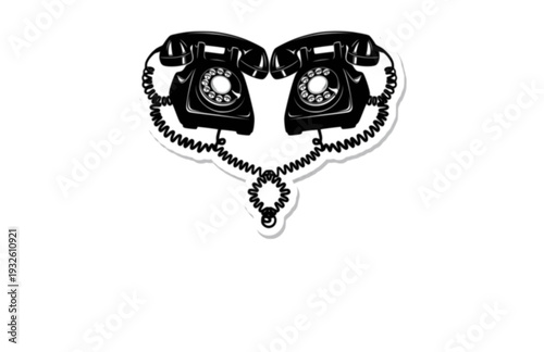 Intertwined Rotary Phones Heart Silhouette, Retro Communication Connection Vector Sticker, Nostalgic Love and Tech Illustration