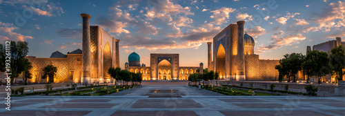 Registan Square in Samarkand, Uzbekistan, the central square of the ancient city with three main buildings, blue sky and orange clouds. Background illustration of historical sites in Uzbekistan.