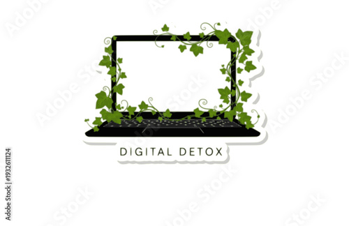Laptop with Growing Ivy Vines Silhouette, Digital Detox Nature Reclaiming Tech Vector Sticker, Opt-Out Era Wellness Illustration