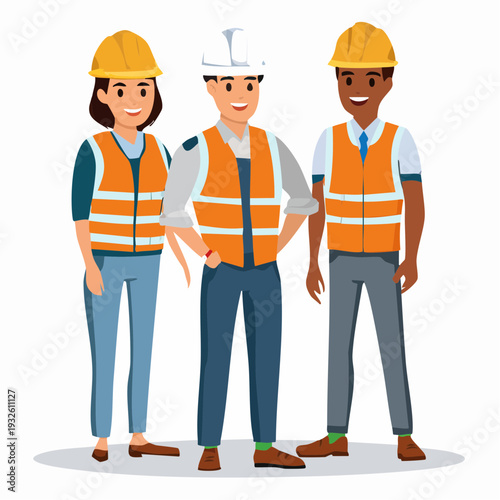 Three construction workers standing together wearing safety vests and hard hats.