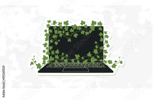 Laptop with Growing Ivy Vines Silhouette, Digital Detox Nature Reclaiming Tech Vector Sticker, Opt-Out Era Wellness Illustration