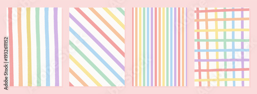 Retro vintage pastel rainbow stripe pattern set. Soft muted vertical, diagonal, plaid line backgrounds. Funky textured LGBTQ pride wallpaper collection for digital paper, prints, decor, graphic design