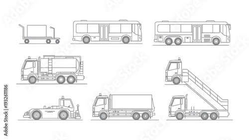Fleet of transport Vehicles: An array of transportation vehicles, meticulously outlined, showcases the diverse forms of conveyance. It is ideal for illustrating movement and logistical components.
