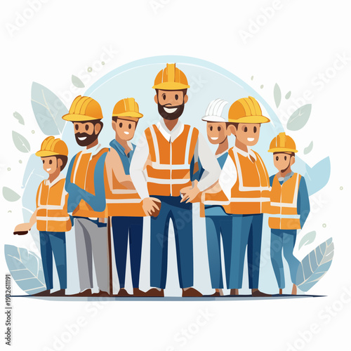 Diverse group of construction workers in safety gear standing together.