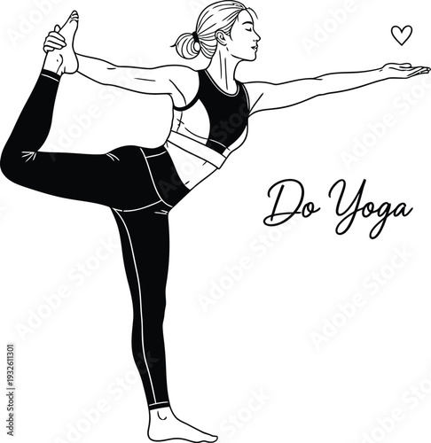A graceful illustration depicts a woman performing a challenging yoga pose complemented by a heart and inspirational text high quality professional