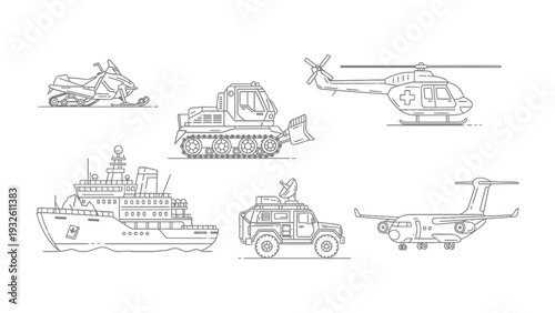 Vehicles Outline Set: Collection of detailed line art vehicles ready to use for diverse transportation projects, illustrating various modes of travel and utility in a clean, modern style.