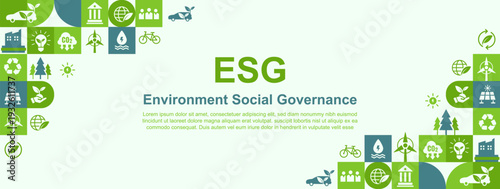 ESG Concept Horizontal Web Banner Background for Business and Organization Sustainability Development, Modern Infographic Vector.