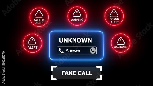 Incoming call screen with multiple alerts for system hacked warning and fake call on a black background 4k animation video