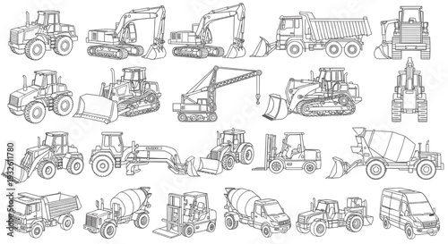 Heavy Construction Vehicle Technical Vector Set – Mixed Orthogonal Engineering Views