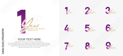 Anniversary logo set vector design, purple and gold for celebration event