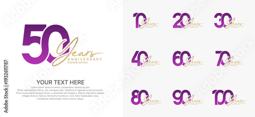 Anniversary logo set vector design, purple and gold for celebration event