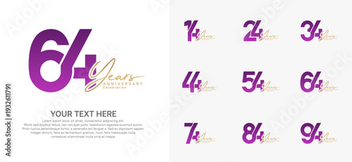 Anniversary logo set vector design, purple and gold for celebration event