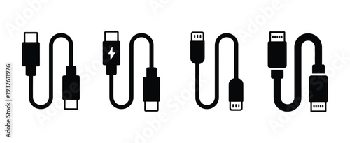 USB connectors vector illustration, computer and mobile plugs, micro, lightning, type A, type C cables, flat outline technology design.