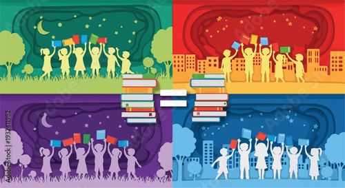 Illustration of diverse people holding books and flags in four colorful city scenes at different times of day promoting unity and Zero Discrimination Day