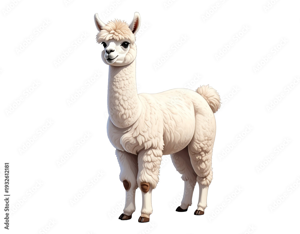 Obraz premium Alpaca cartoon character with fluffy cream fur and playful expression