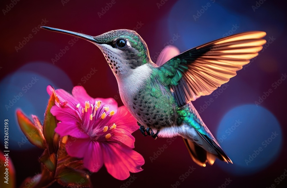 Obraz premium vibrant green hummingbird hovering beside a bright pink flower with outstretched golden-tinged wings, a serene delicate moment against glowing colorful bokeh