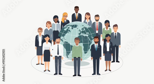 Diverse group of business professionals standing around a globe, promoting unity and equality on Zero Discrimination Day with a professional and inclusive mood