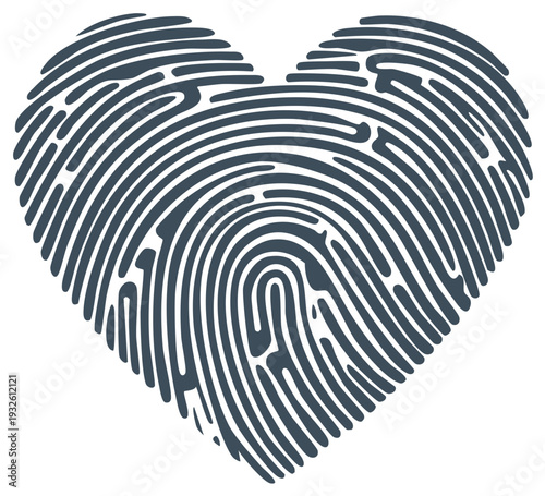 Heart shaped fingerprint identification symbol representing love loyalty and uniqueness on a plain background