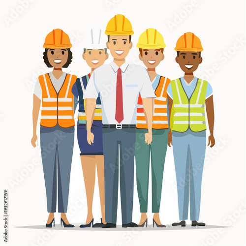 Diverse group of construction workers and office staff standing together.