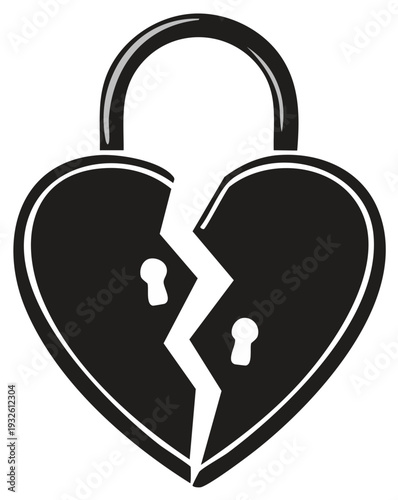 Broken heart lock icon design. Black silhouette of a cracked heart shape with keyholes.