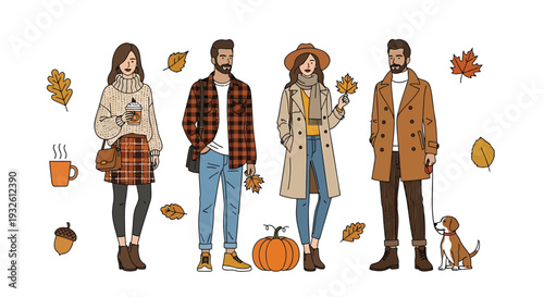 Vector illustration of four people in autumn clothes with dog and fall leaves