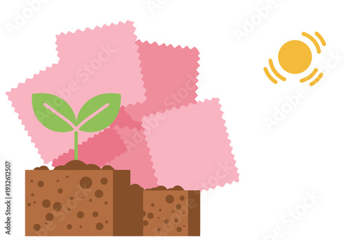 Biodegradable protein textile illustration showcases sustainable growth and eco-friendly materials. Vibrant pink hues and a seedling symbolize natural decomposition. Modern, clean design.