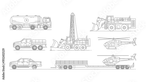 Vehicular Versatility: A curated illustration showcasing various vehicles, each meticulously depicted with precise line work, including a tank truck, drilling rig, pickup truck, helicopter, bulldozer.