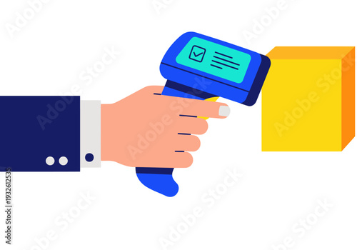A clerk scans a customer's payment with a barcode scanner. Clean, modern illustration. Focus on business and retail processes.