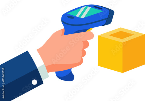 A clerk scans a payment box with a barcode scanner. Professional setting, clear focus, bright colors. Ideal for business and retail visuals.