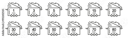 Cooking time icons set for instruction labels, showing food simmering in pots