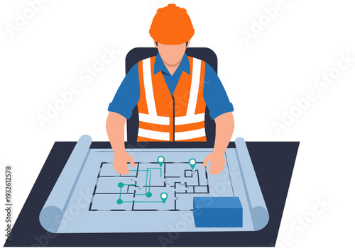 A construction manager studies a blueprint, focused on a site plan. Clear, professional, and detailed. Ideal for business and construction visuals.
