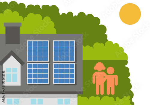 A charming garden house with solar panels, featuring a couple enjoying a sunny day. Modern, bright, and inviting ? perfect for lifestyle and sustainable living visuals.