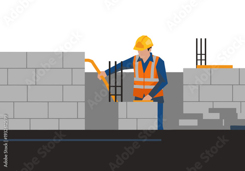 A construction worker diligently lays bricks, prioritizing safety with a hard hat and vest. Clean, modern illustration for site safety concepts.
