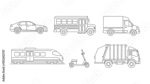 Diverse Transportation: A minimalist depiction of an array of transportation modes, showcasing the variety of vehicles that facilitate our daily journeys.
