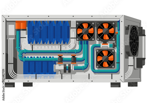 Detailed illustration of a plunge chiller unit tech. Vibrant blue and orange coolant lines showcase a complex cooling system. Modern, technical design. Perfect for tech or engineering visuals.