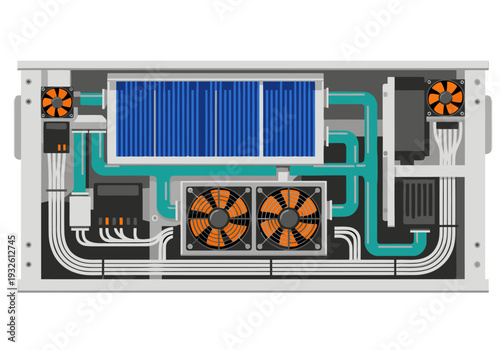 Detailed illustration of a plunge chiller unit. Modern tech design with cooling components and tubing. Clean, technical graphic, ideal for digital backgrounds.