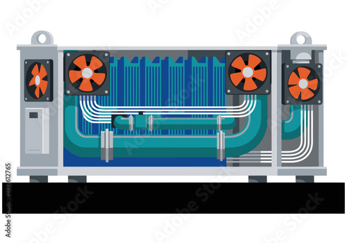 detailed illustration showcases a plunge chiller unit with cooling tubes and fans Modern tech design vibrant colors and a clean professional aesthetic