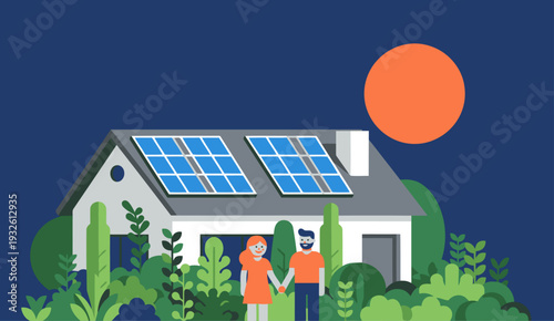A happy couple stands before a modern, solar-powered home, surrounded by greenery. It?s a vibrant illustration of sustainable living and a fulfilling family life.