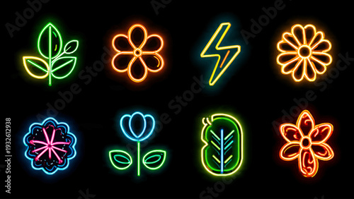 Neon Flower and Leaf Icons.