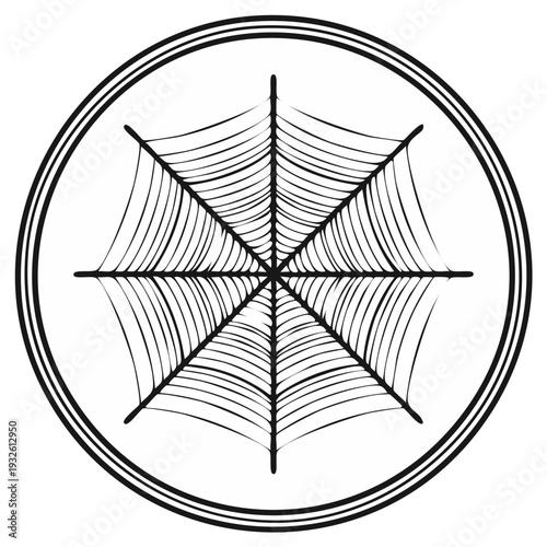 Spiderweb in a circular frame, simple graphic with black and white for Halloween backgrounds, elements or decorations.